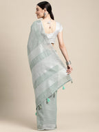 Shree Shyam Fashion Elegant Sea Green Woven Linen Saree with Contrast Zari Border & Tassels - Soft & Breathable Party Wear | Grocsy