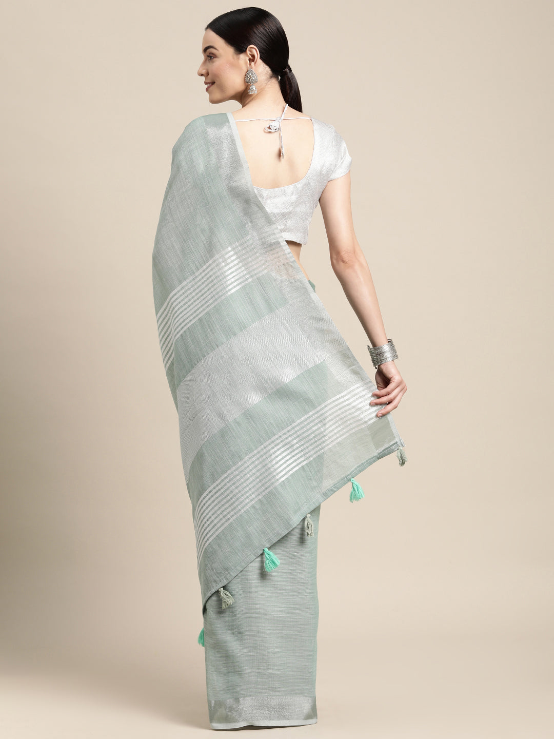 Shree Shyam Fashion Elegant Sea Green Woven Linen Saree with Contrast Zari Border & Tassels - Soft & Breathable Party Wear | Grocsy