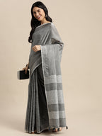 Shree Shyam Fashion Elegant Dark Grey Woven Linen Saree with Contrast Zari Border & Tassels - Soft & Breathable Party Wear | Grocsy