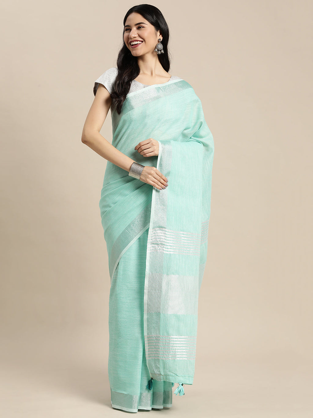 Shree Shyam Fashion Elegant Turquoise Woven Linen Saree with Contrast Zari Border & Tassels - Soft & Breathable Party Wear | Grocsy