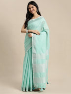 Shree Shyam Fashion Elegant Turquoise Woven Linen Saree with Contrast Zari Border & Tassels - Soft & Breathable Party Wear | Grocsy