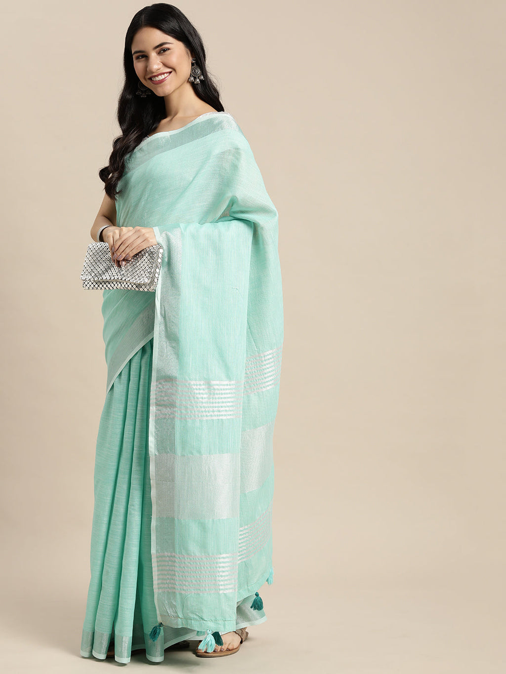 Shree Shyam Fashion Elegant Turquoise Woven Linen Saree with Contrast Zari Border & Tassels - Soft & Breathable Party Wear | Grocsy