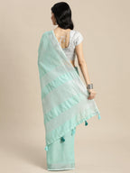Shree Shyam Fashion Elegant Turquoise Woven Linen Saree with Contrast Zari Border & Tassels - Soft & Breathable Party Wear | Grocsy