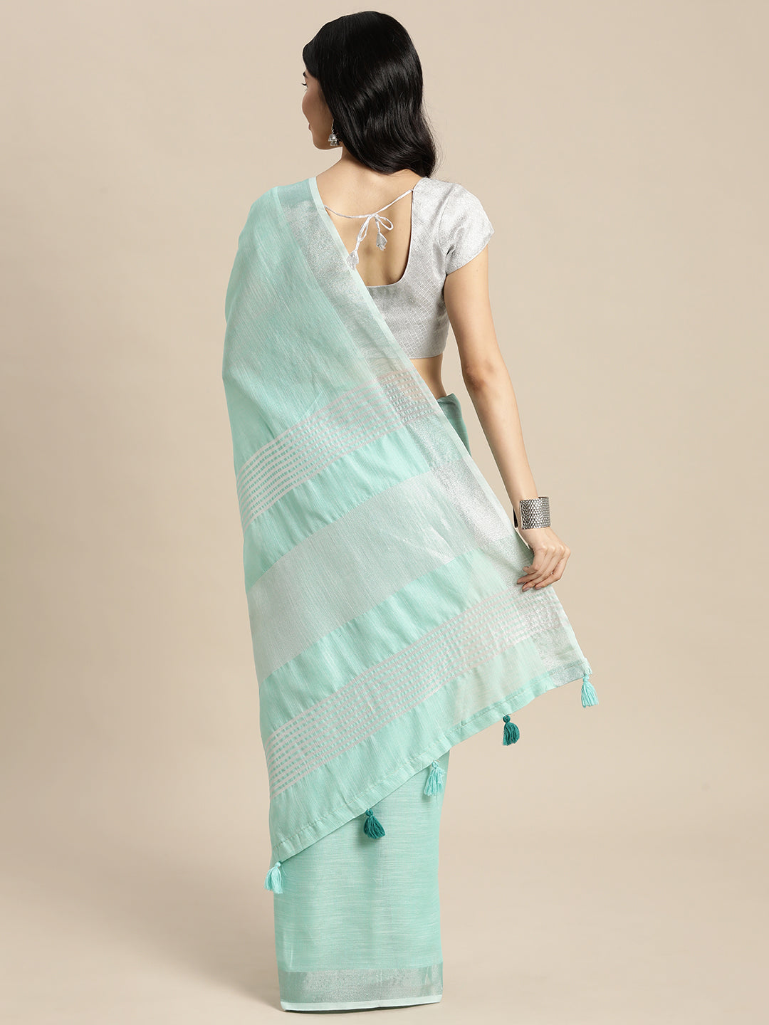 Shree Shyam Fashion Elegant Turquoise Woven Linen Saree with Contrast Zari Border & Tassels - Soft & Breathable Party Wear | Grocsy