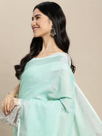 Shree Shyam Fashion Elegant Turquoise Woven Linen Saree with Contrast Zari Border & Tassels - Soft & Breathable Party Wear | Grocsy