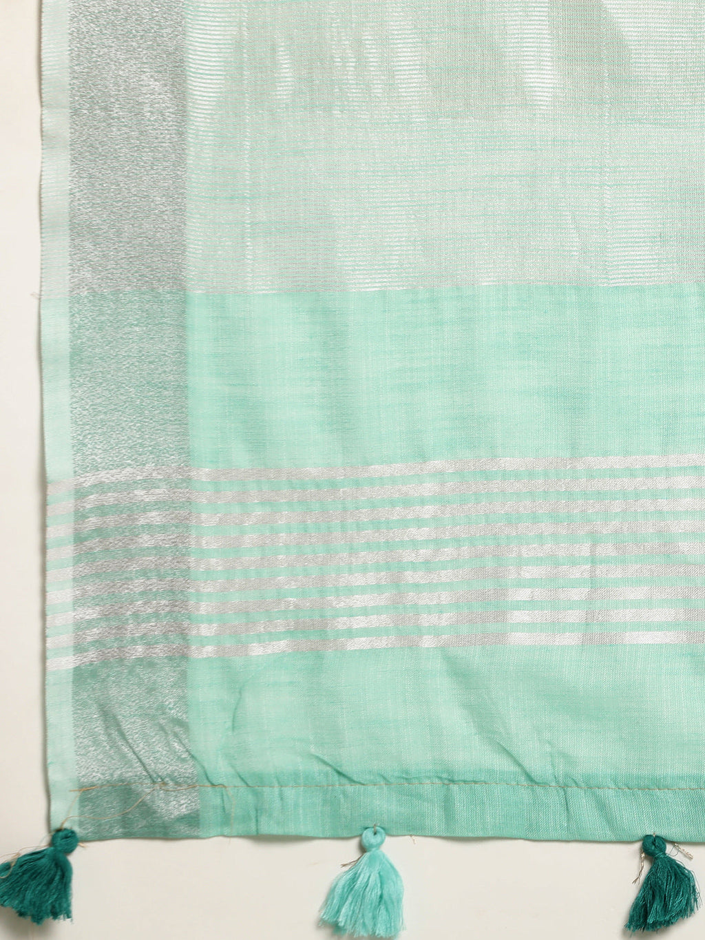 Shree Shyam Fashion Elegant Turquoise Woven Linen Saree with Contrast Zari Border & Tassels - Soft & Breathable Party Wear | Grocsy