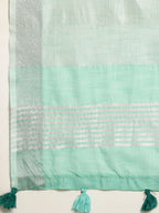 Shree Shyam Fashion Elegant Turquoise Woven Linen Saree with Contrast Zari Border & Tassels - Soft & Breathable Party Wear | Grocsy