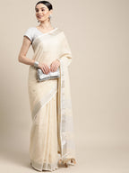 Shree Shyam Fashion Elegant Beige Woven Linen Saree with Contrast Zari Border & Tassels - Soft & Breathable Party Wear | Grocsy