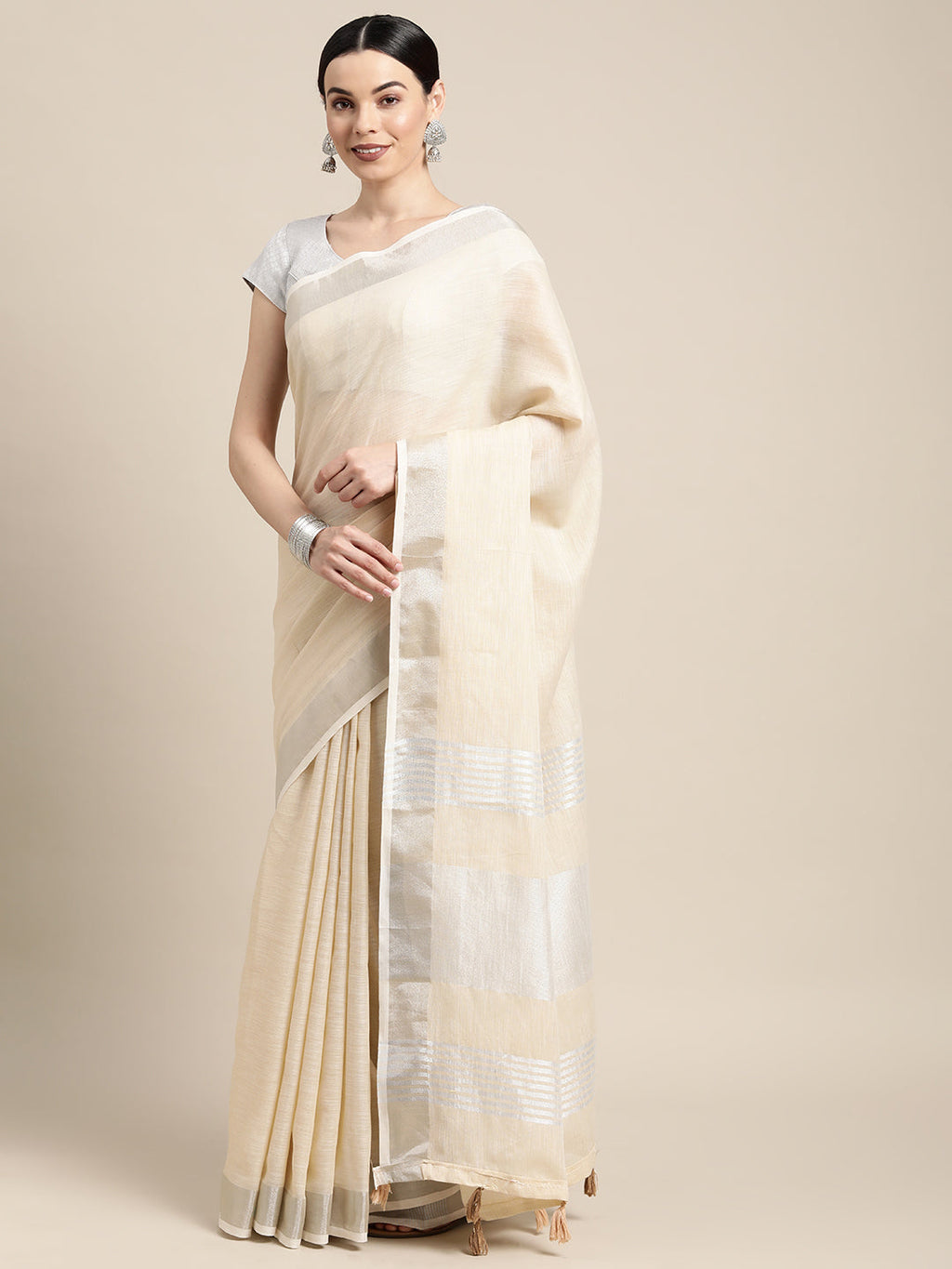 Shree Shyam Fashion Elegant Beige Woven Linen Saree with Contrast Zari Border & Tassels - Soft & Breathable Party Wear | Grocsy