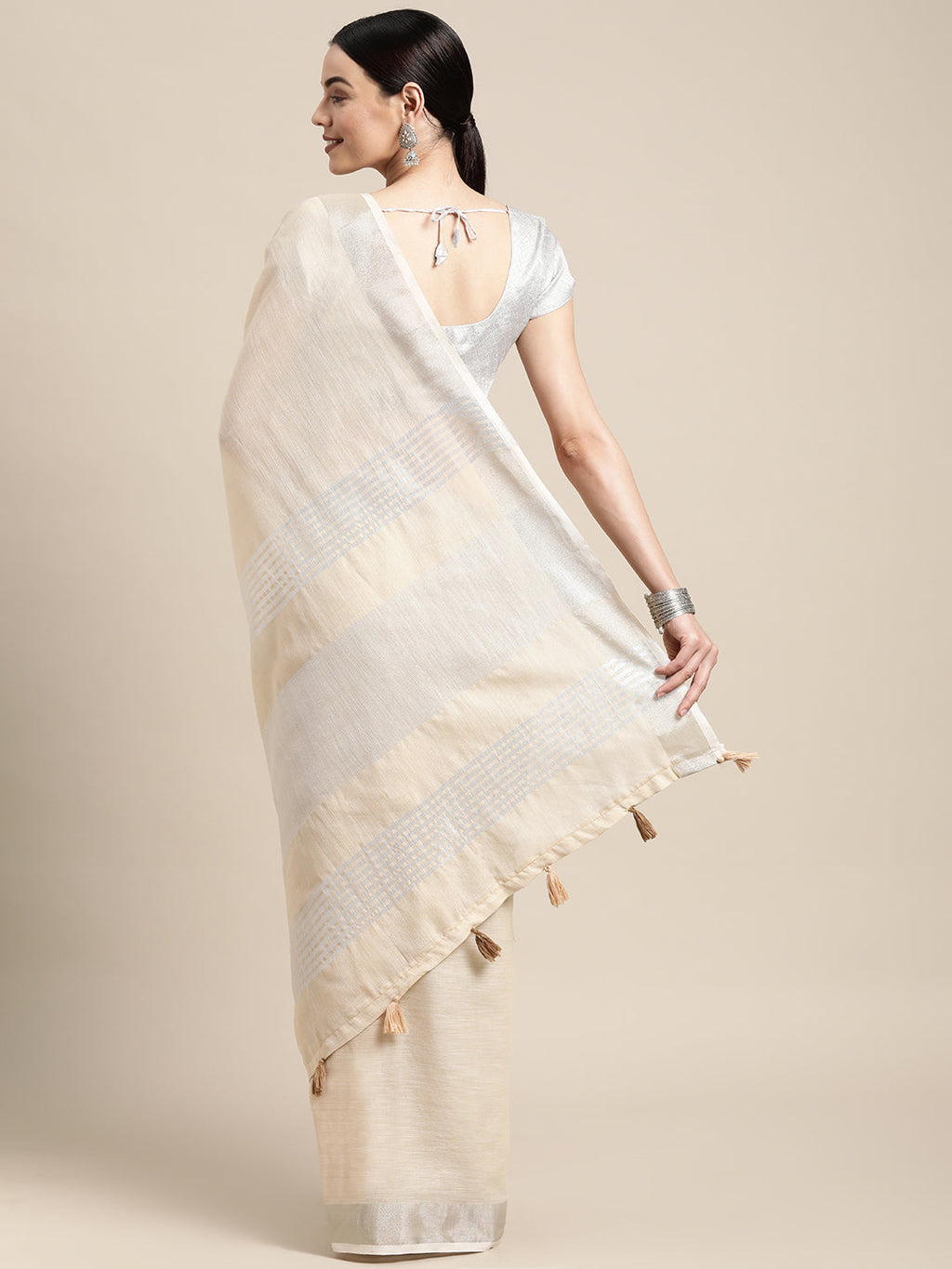 Shree Shyam Fashion Elegant Beige Woven Linen Saree with Contrast Zari Border & Tassels - Soft & Breathable Party Wear | Grocsy