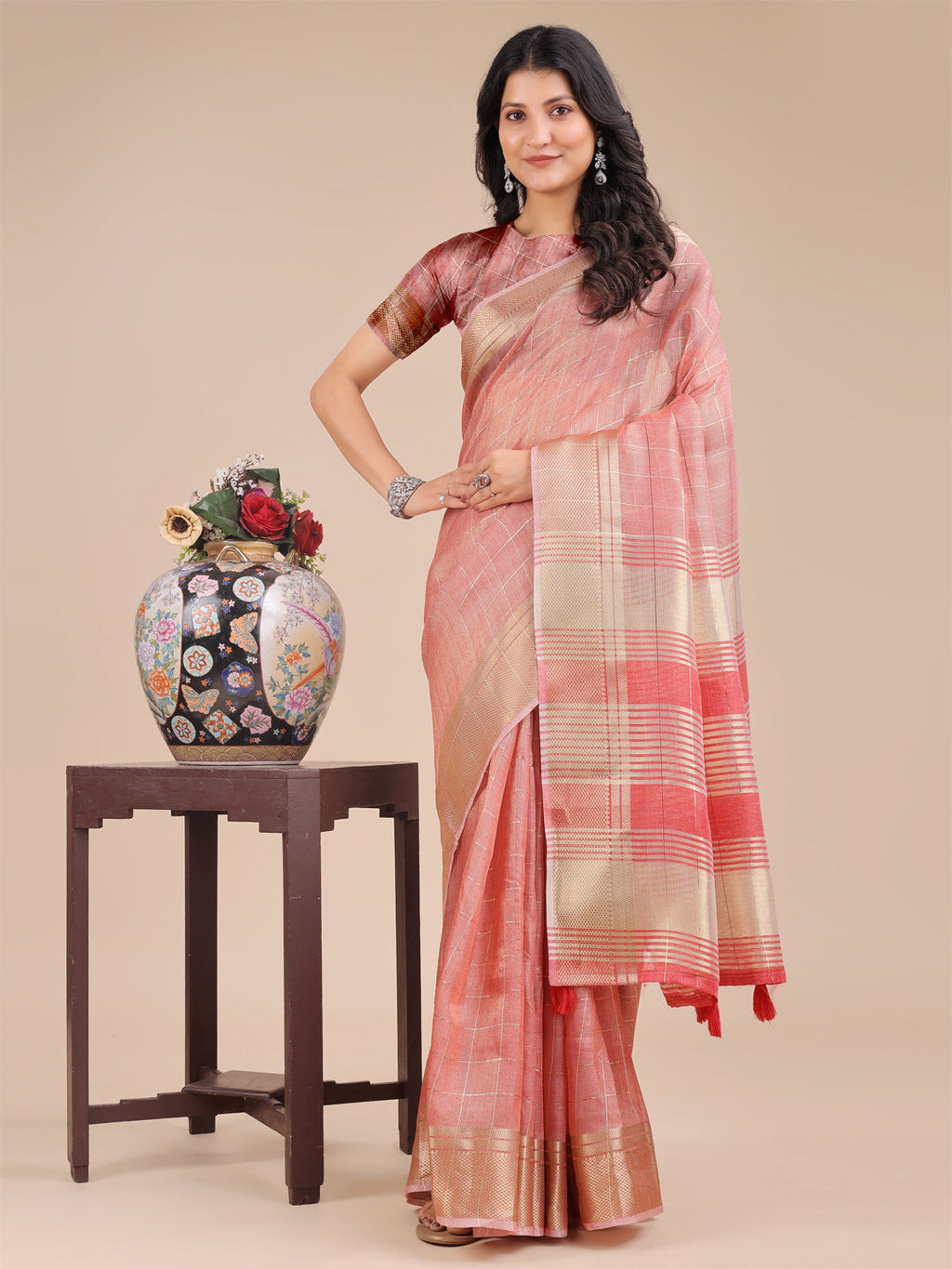 Shree Shyam Fashion Peach Organza Woven Zari Work Traditional Tassel Saree | Grocsy