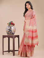 Shree Shyam Fashion Peach Organza Woven Zari Work Traditional Tassel Saree | Grocsy