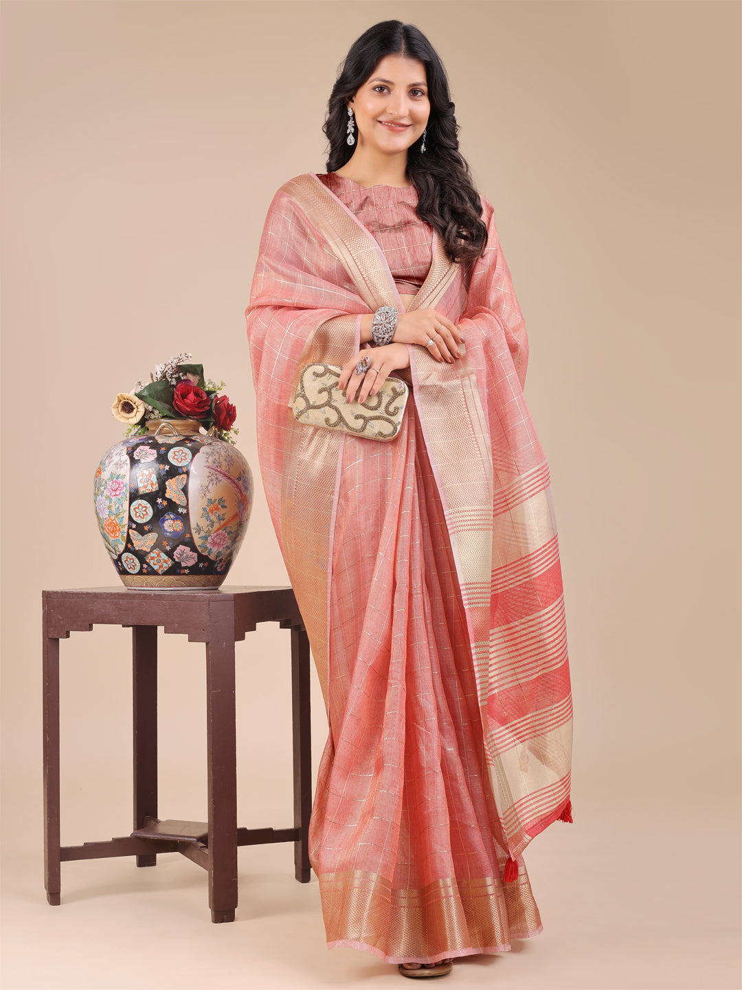 Shree Shyam Fashion Peach Organza Woven Zari Work Traditional Tassel Saree | Grocsy