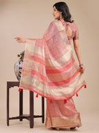 Shree Shyam Fashion Peach Organza Woven Zari Work Traditional Tassel Saree | Grocsy