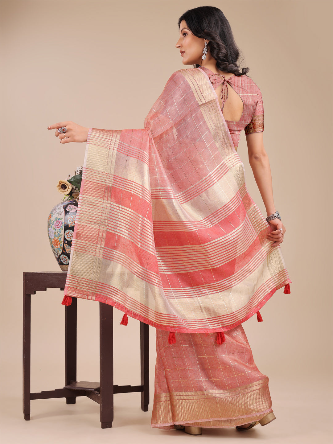 Shree Shyam Fashion Peach Organza Woven Zari Work Traditional Tassel Saree | Grocsy