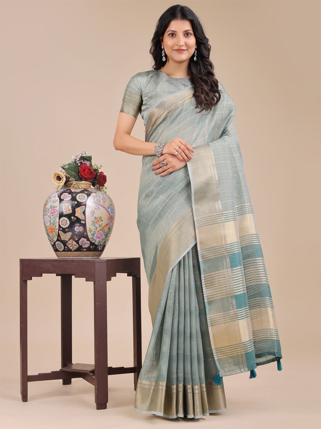 Shree Shyam Fashion Sea Green Organza Woven Zari Work Traditional Tassel Saree | Grocsy
