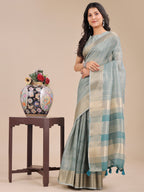 Shree Shyam Fashion Sea Green Organza Woven Zari Work Traditional Tassel Saree | Grocsy