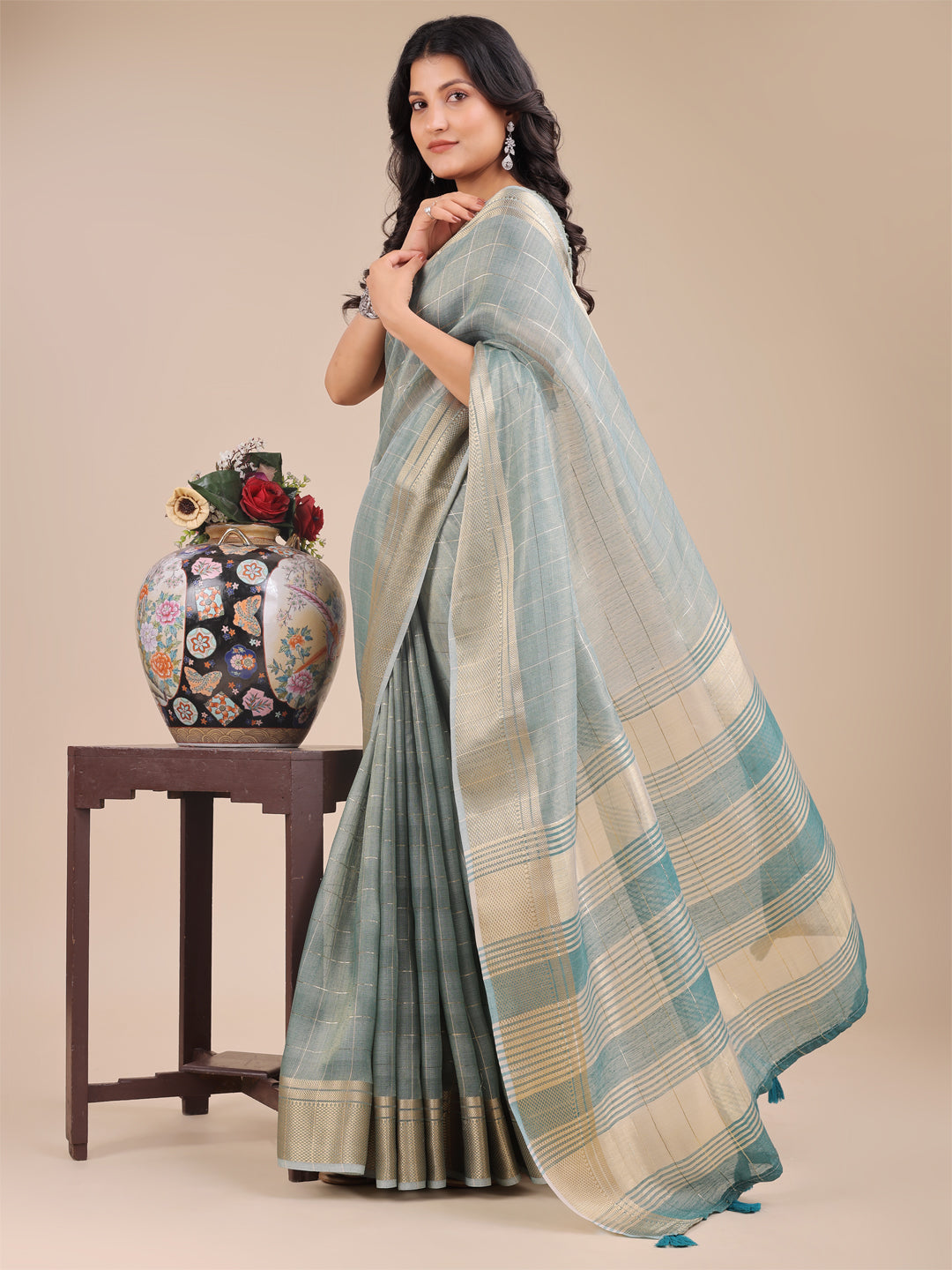Shree Shyam Fashion Sea Green Organza Woven Zari Work Traditional Tassel Saree | Grocsy