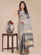 Shree Shyam Fashion Grey Organza Woven Zari Work Traditional Tassel Saree | Grocsy