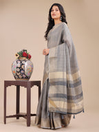 Shree Shyam Fashion Grey Organza Woven Zari Work Traditional Tassel Saree | Grocsy