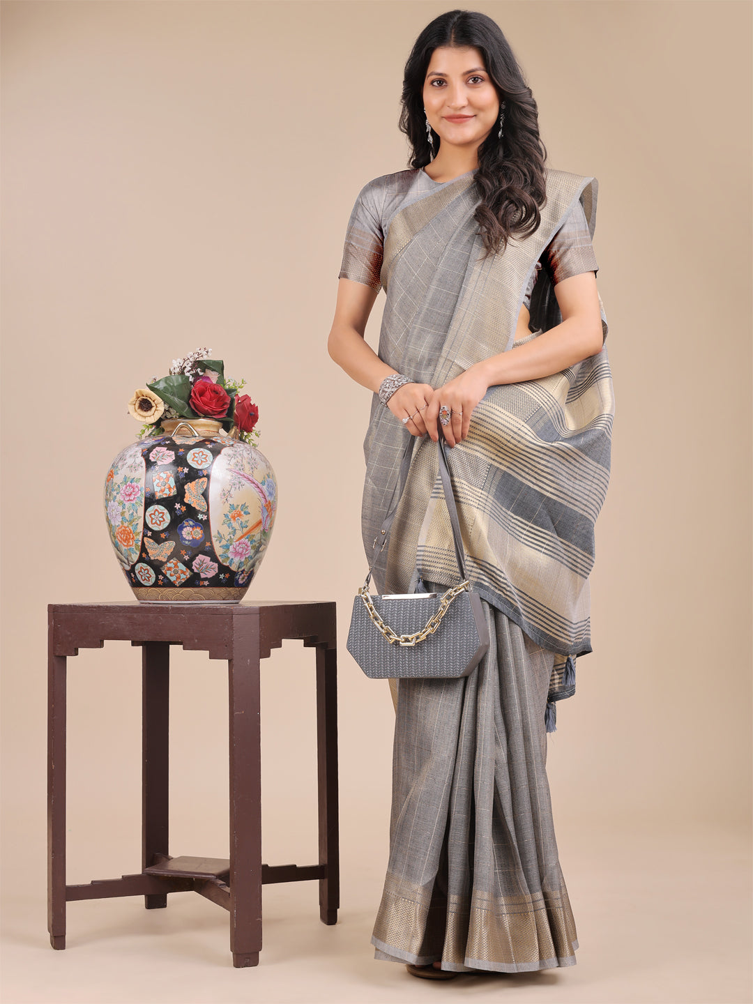 Shree Shyam Fashion Grey Organza Woven Zari Work Traditional Tassel Saree | Grocsy