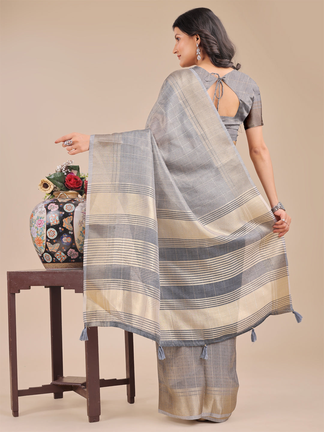 Shree Shyam Fashion Grey Organza Woven Zari Work Traditional Tassel Saree | Grocsy