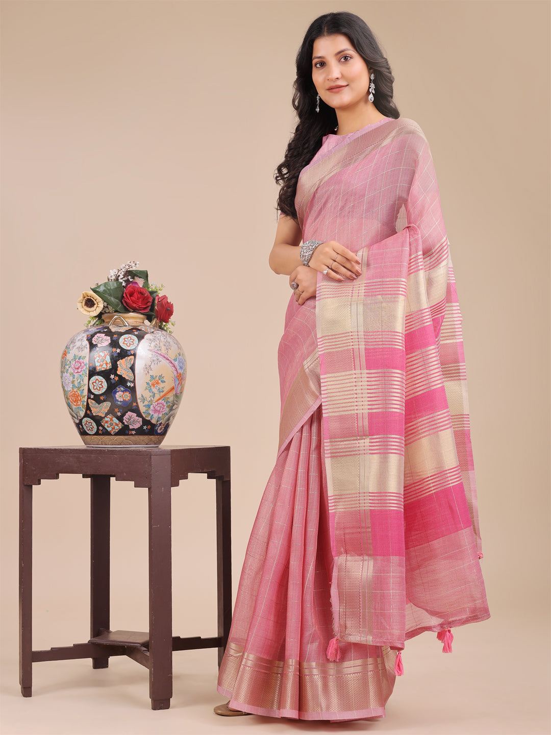 Shree Shyam Fashion Pink Organza Woven Zari Work Traditional Tassel Saree | Grocsy