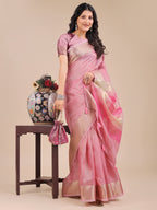 Shree Shyam Fashion Pink Organza Woven Zari Work Traditional Tassel Saree | Grocsy