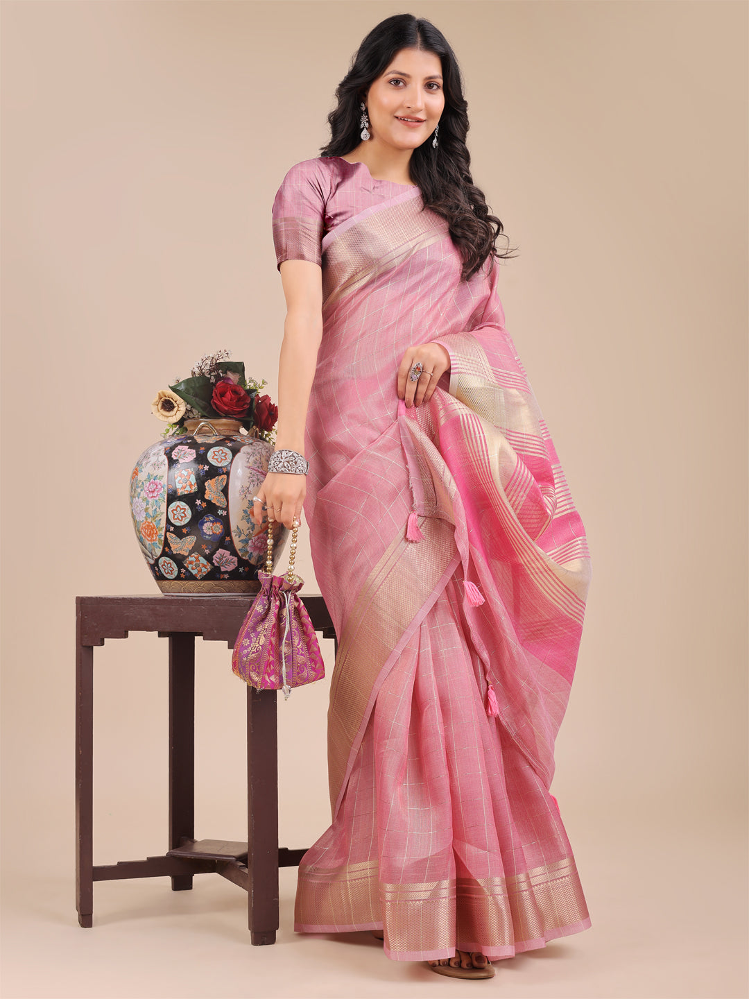 Shree Shyam Fashion Pink Organza Woven Zari Work Traditional Tassel Saree | Grocsy