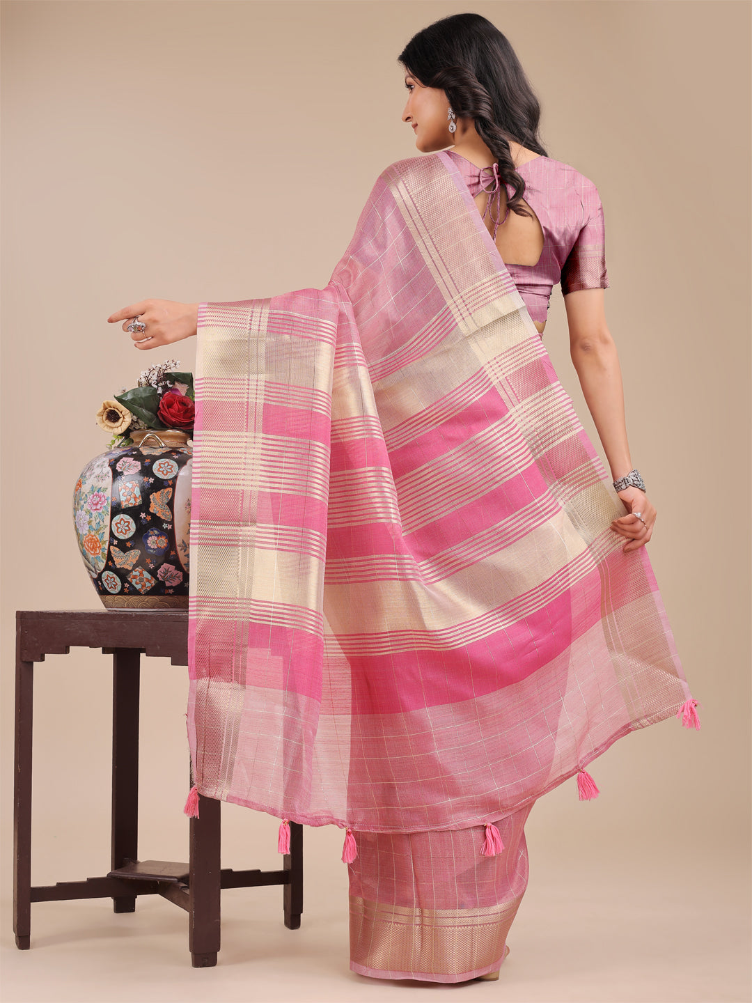 Shree Shyam Fashion Pink Organza Woven Zari Work Traditional Tassel Saree | Grocsy