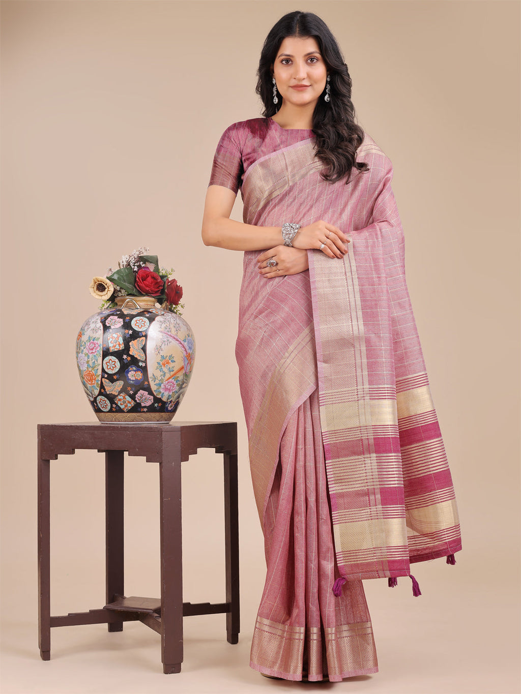 Shree Shyam Fashion Purple Organza Woven Zari Work Traditional Tassel Saree | Grocsy