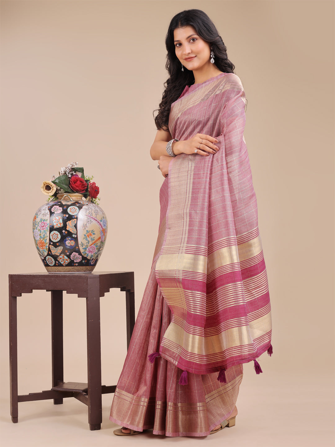 Shree Shyam Fashion Purple Organza Woven Zari Work Traditional Tassel Saree | Grocsy