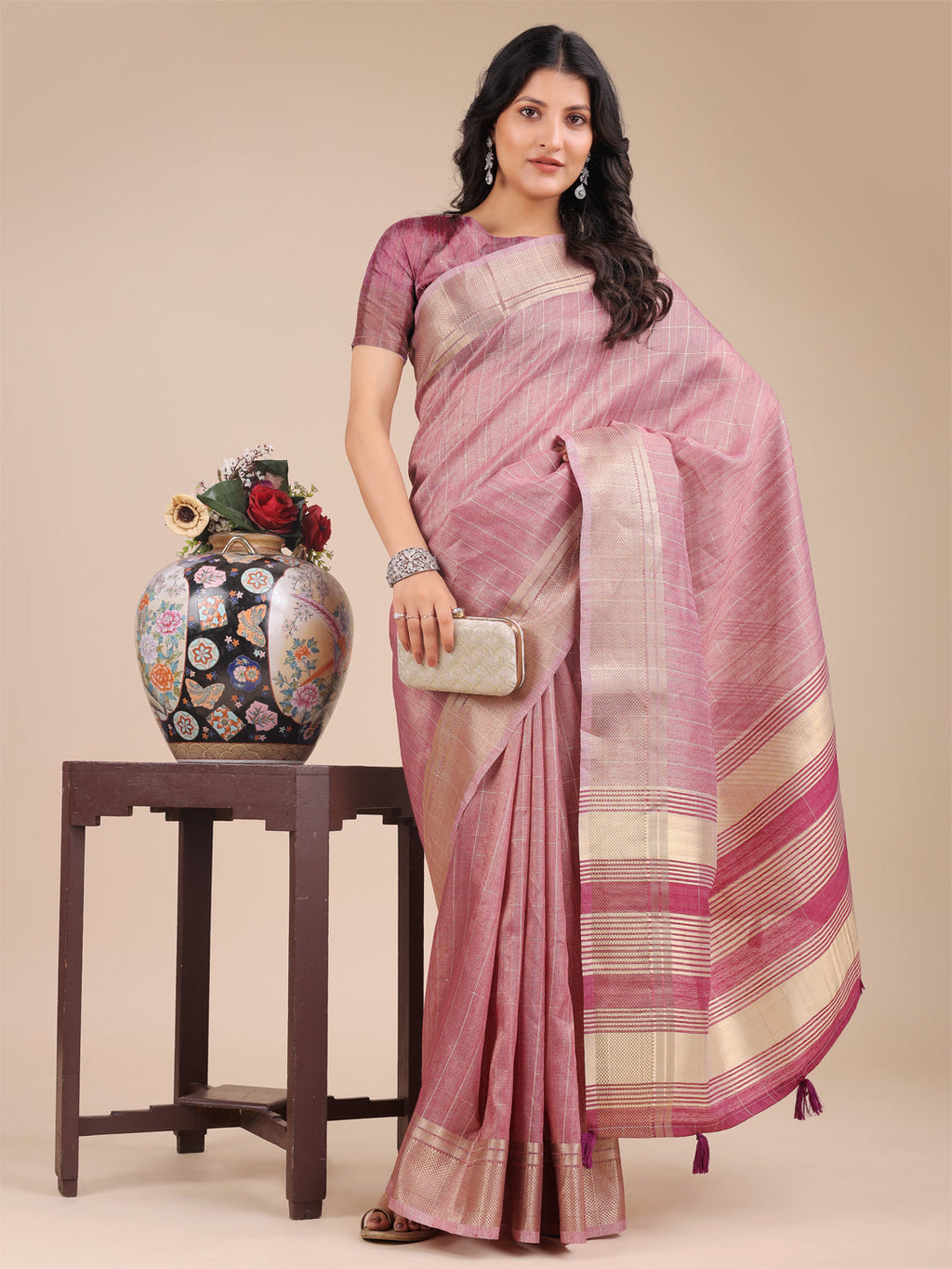 Shree Shyam Fashion Purple Organza Woven Zari Work Traditional Tassel Saree | Grocsy
