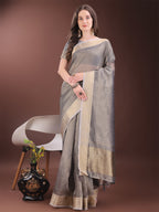 Shree Shyam Fashion Grey Organza Saree with Gold Checked Design - Elegant & Classy Traditional Wear for Formal & Festive Occasions | Grocsy