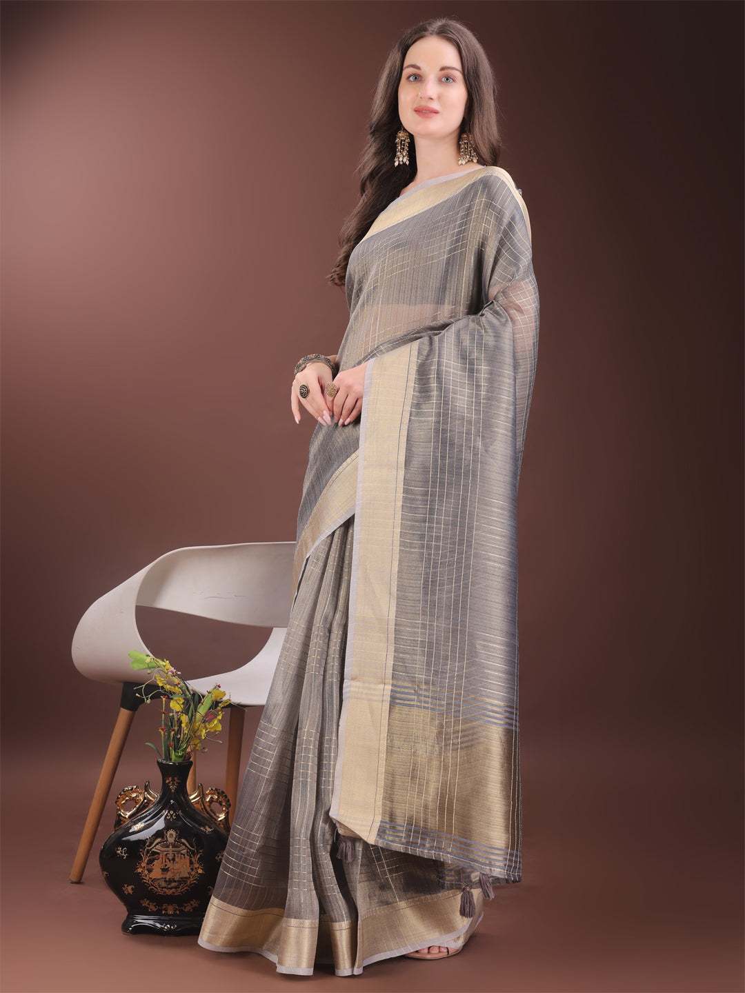 Shree Shyam Fashion Grey Organza Saree with Gold Checked Design - Elegant & Classy Traditional Wear for Formal & Festive Occasions | Grocsy