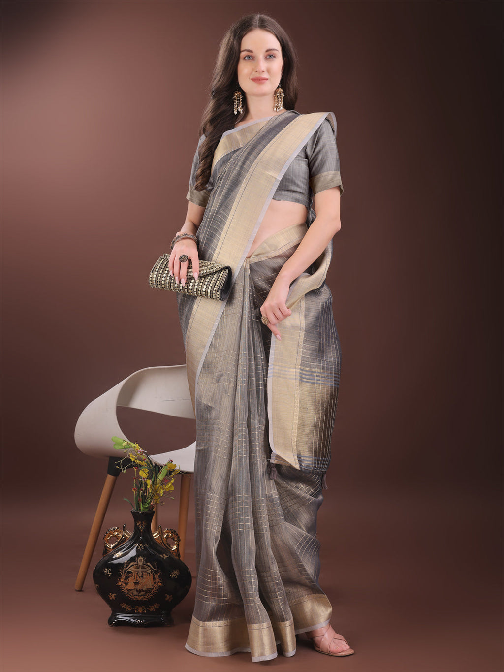 Shree Shyam Fashion Grey Organza Saree with Gold Checked Design - Elegant & Classy Traditional Wear for Formal & Festive Occasions | Grocsy