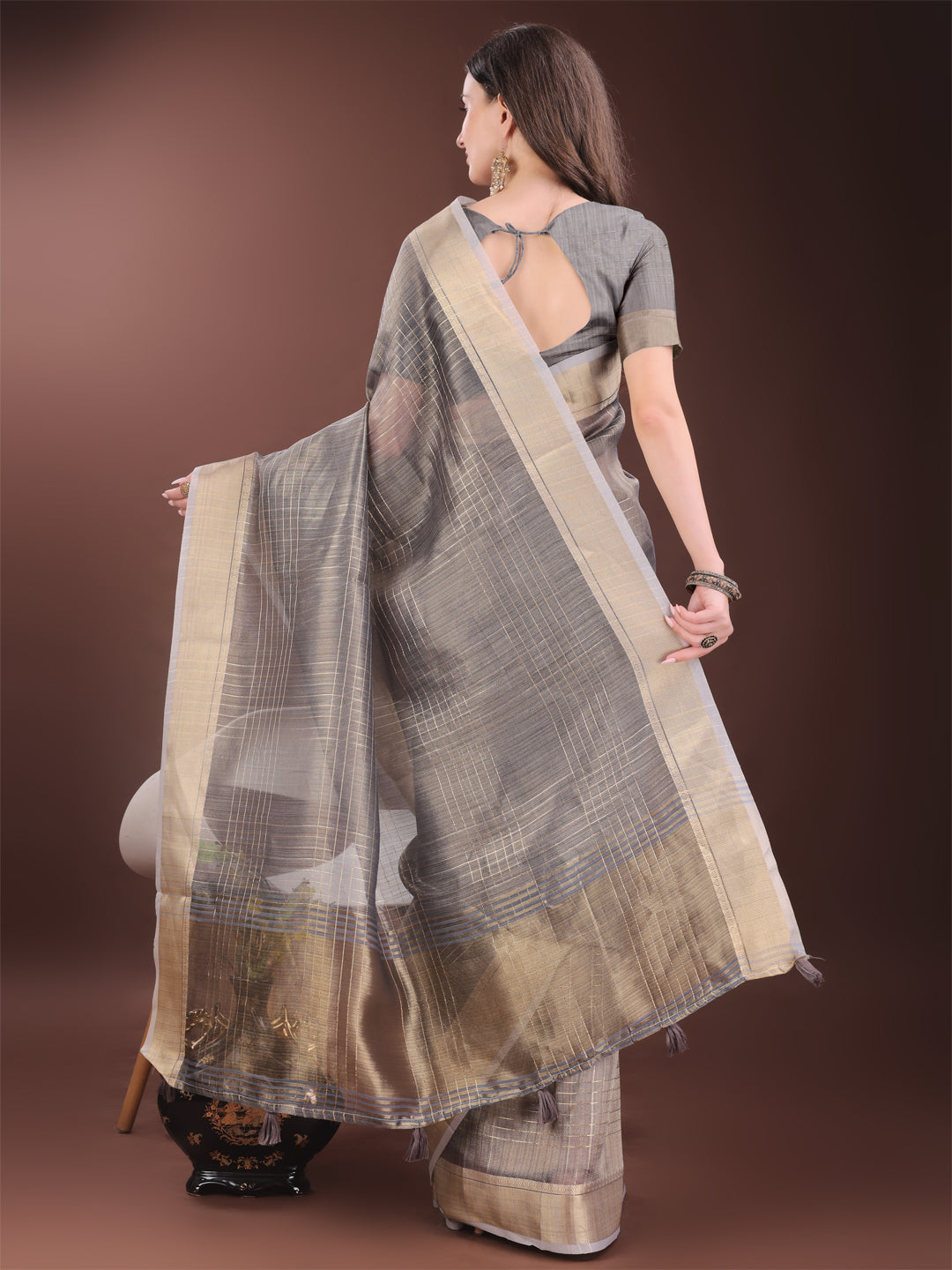 Shree Shyam Fashion Grey Organza Saree with Gold Checked Design - Elegant & Classy Traditional Wear for Formal & Festive Occasions | Grocsy