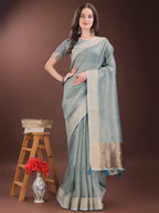 Shree Shyam Fashion Light Blue Organza Saree with Gold Checked Design - Elegant & Classy Traditional Wear for Formal & Festive Occasions | Grocsy