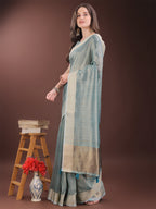 Shree Shyam Fashion Light Blue Organza Saree with Gold Checked Design - Elegant & Classy Traditional Wear for Formal & Festive Occasions | Grocsy