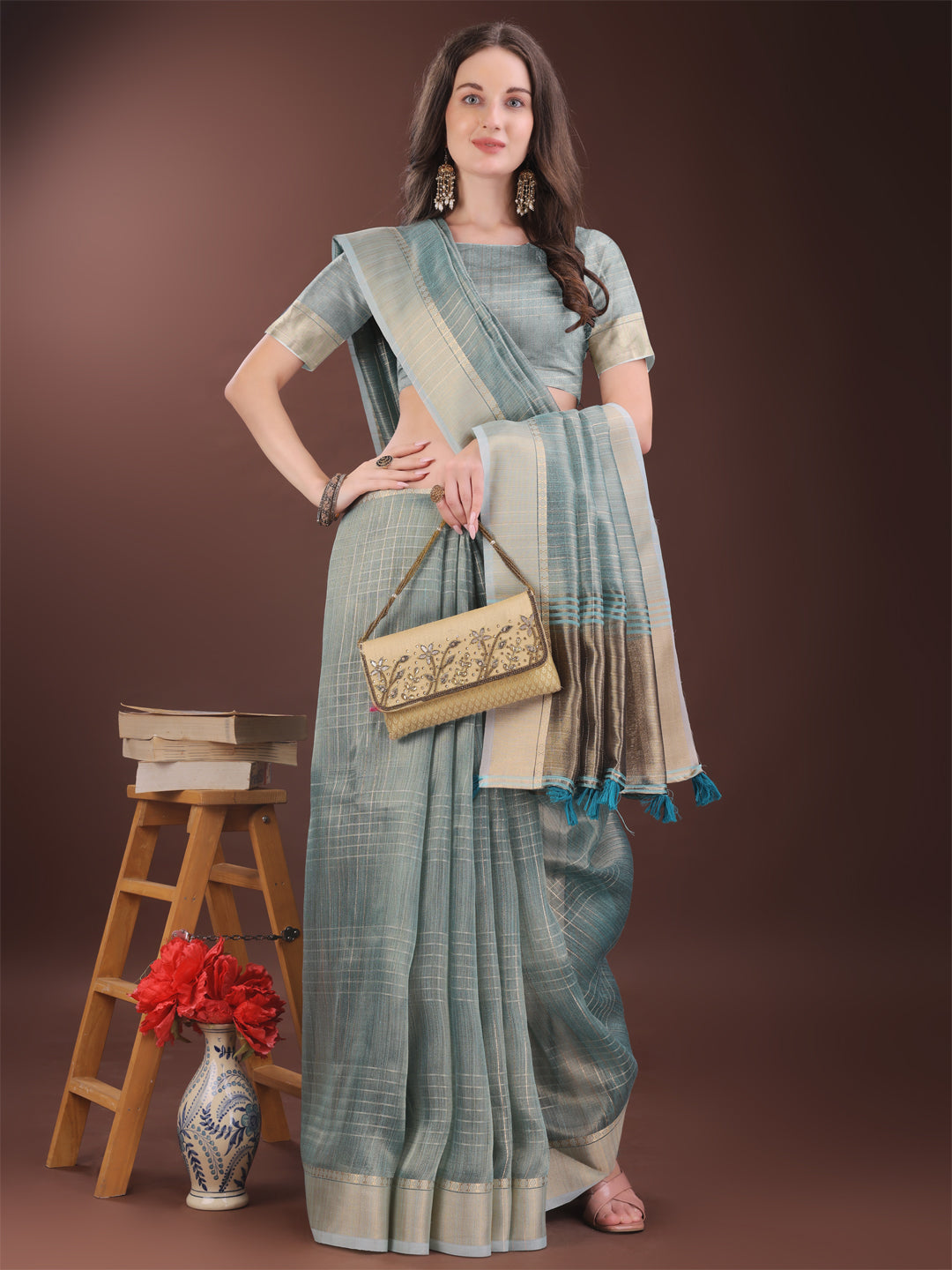 Shree Shyam Fashion Light Blue Organza Saree with Gold Checked Design - Elegant & Classy Traditional Wear for Formal & Festive Occasions | Grocsy