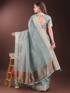 Shree Shyam Fashion Light Blue Organza Saree with Gold Checked Design - Elegant & Classy Traditional Wear for Formal & Festive Occasions | Grocsy