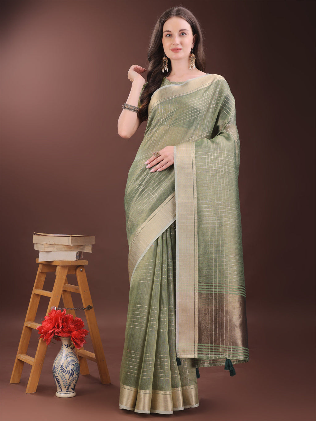 Shree Shyam Fashion Green Organza Saree with Gold Checked Design - Elegant & Classy Traditional Wear for Formal & Festive Occasions | Grocsy