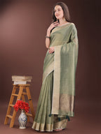 Shree Shyam Fashion Green Organza Saree with Gold Checked Design - Elegant & Classy Traditional Wear for Formal & Festive Occasions | Grocsy