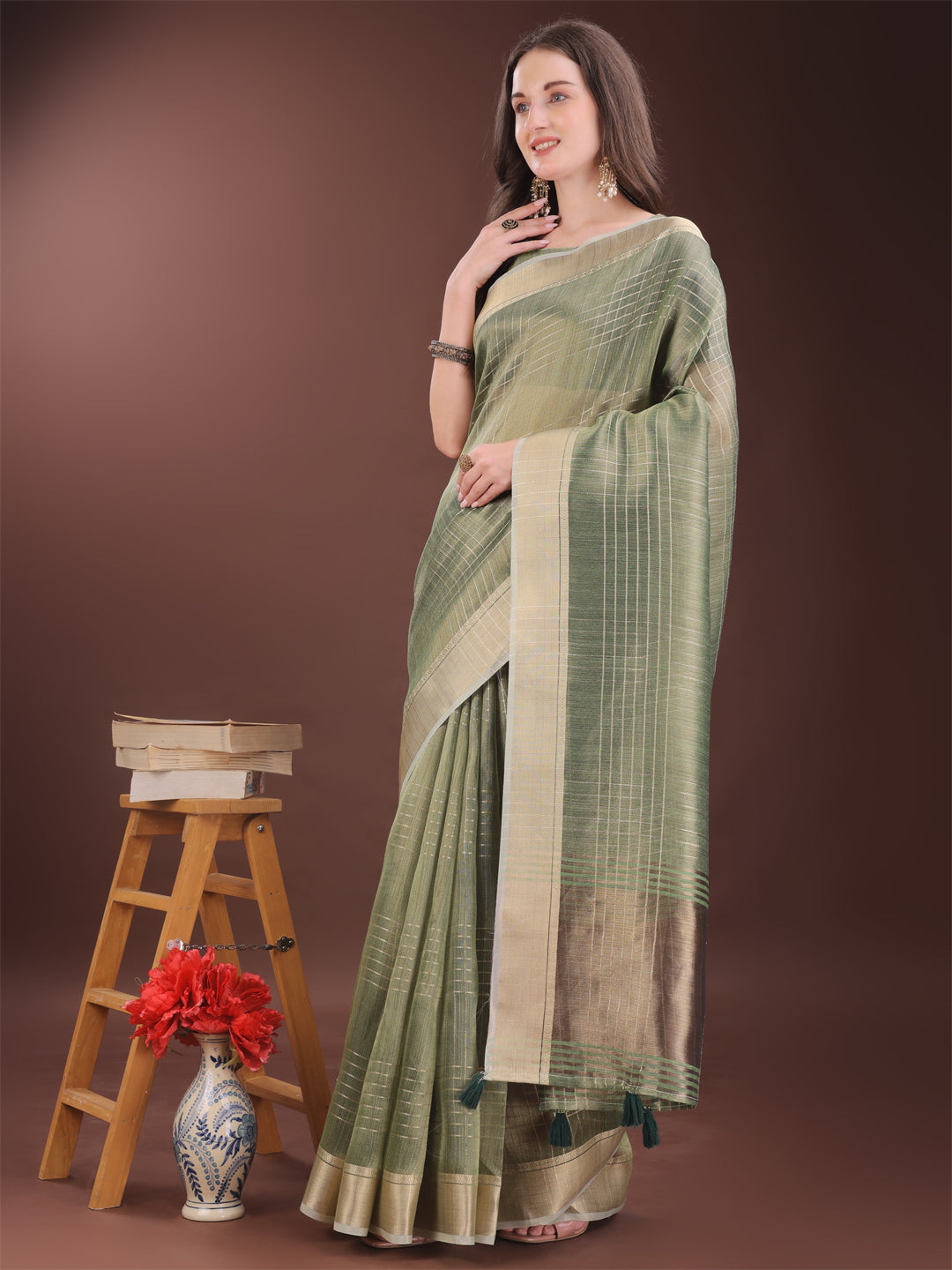 Shree Shyam Fashion Green Organza Saree with Gold Checked Design - Elegant & Classy Traditional Wear for Formal & Festive Occasions | Grocsy
