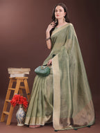 Shree Shyam Fashion Green Organza Saree with Gold Checked Design - Elegant & Classy Traditional Wear for Formal & Festive Occasions | Grocsy