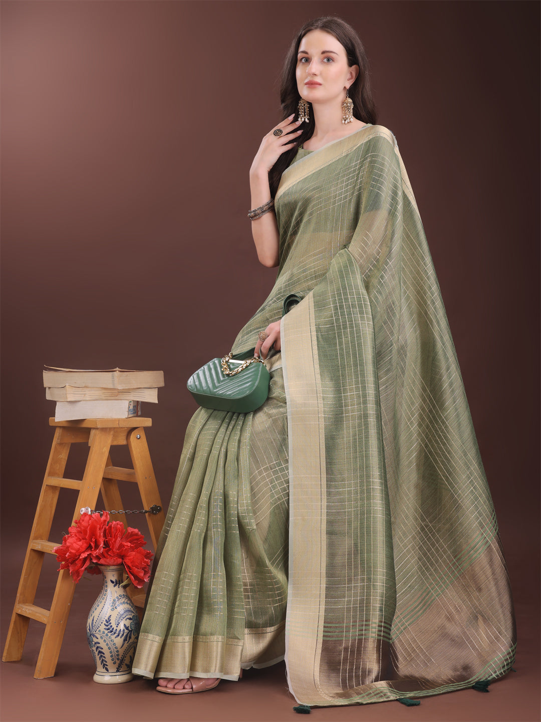 Shree Shyam Fashion Green Organza Saree with Gold Checked Design - Elegant & Classy Traditional Wear for Formal & Festive Occasions | Grocsy
