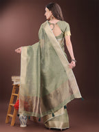 Shree Shyam Fashion Green Organza Saree with Gold Checked Design - Elegant & Classy Traditional Wear for Formal & Festive Occasions | Grocsy