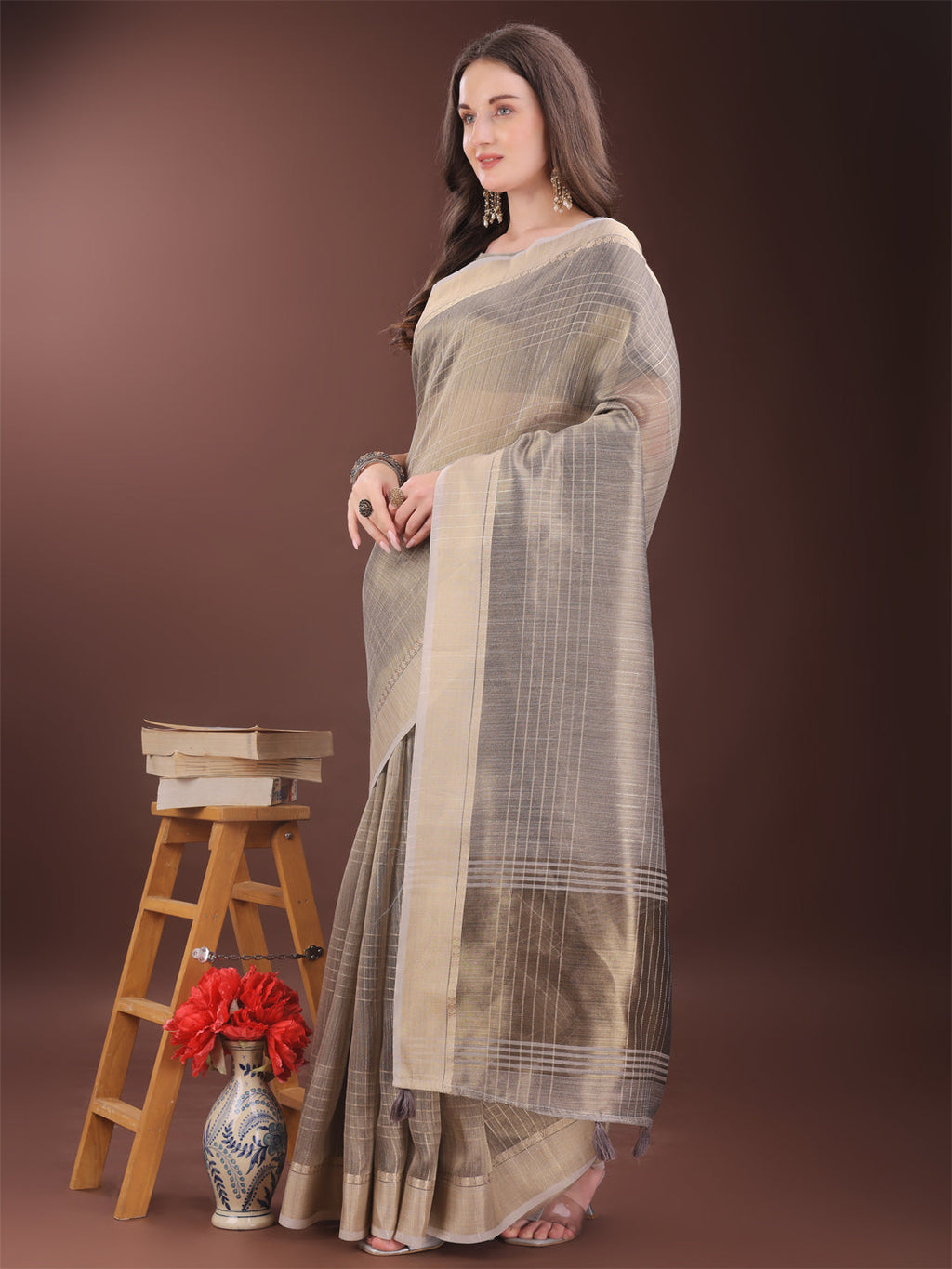 Shree Shyam Fashion Beige Organza Saree with Gold Checked Design - Elegant & Classy Traditional Wear for Formal & Festive Occasions | Grocsy