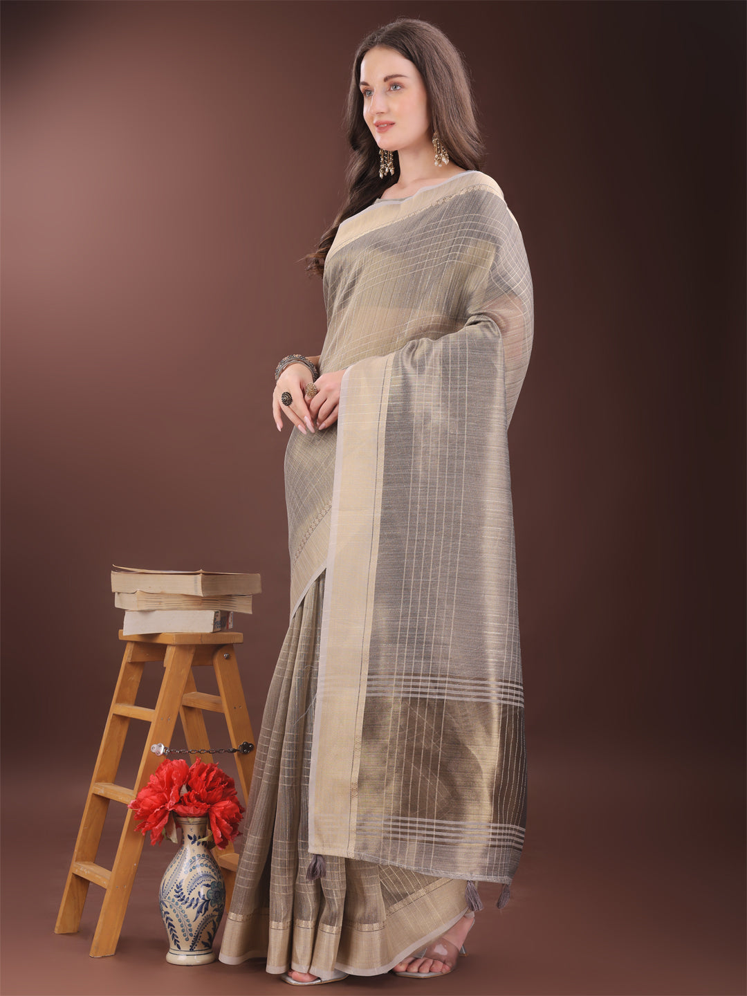 Shree Shyam Fashion Beige Organza Saree with Gold Checked Design - Elegant & Classy Traditional Wear for Formal & Festive Occasions | Grocsy