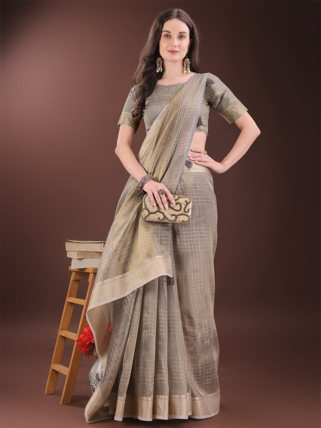Shree Shyam Fashion Beige Organza Saree with Gold Checked Design - Elegant & Classy Traditional Wear for Formal & Festive Occasions | Grocsy